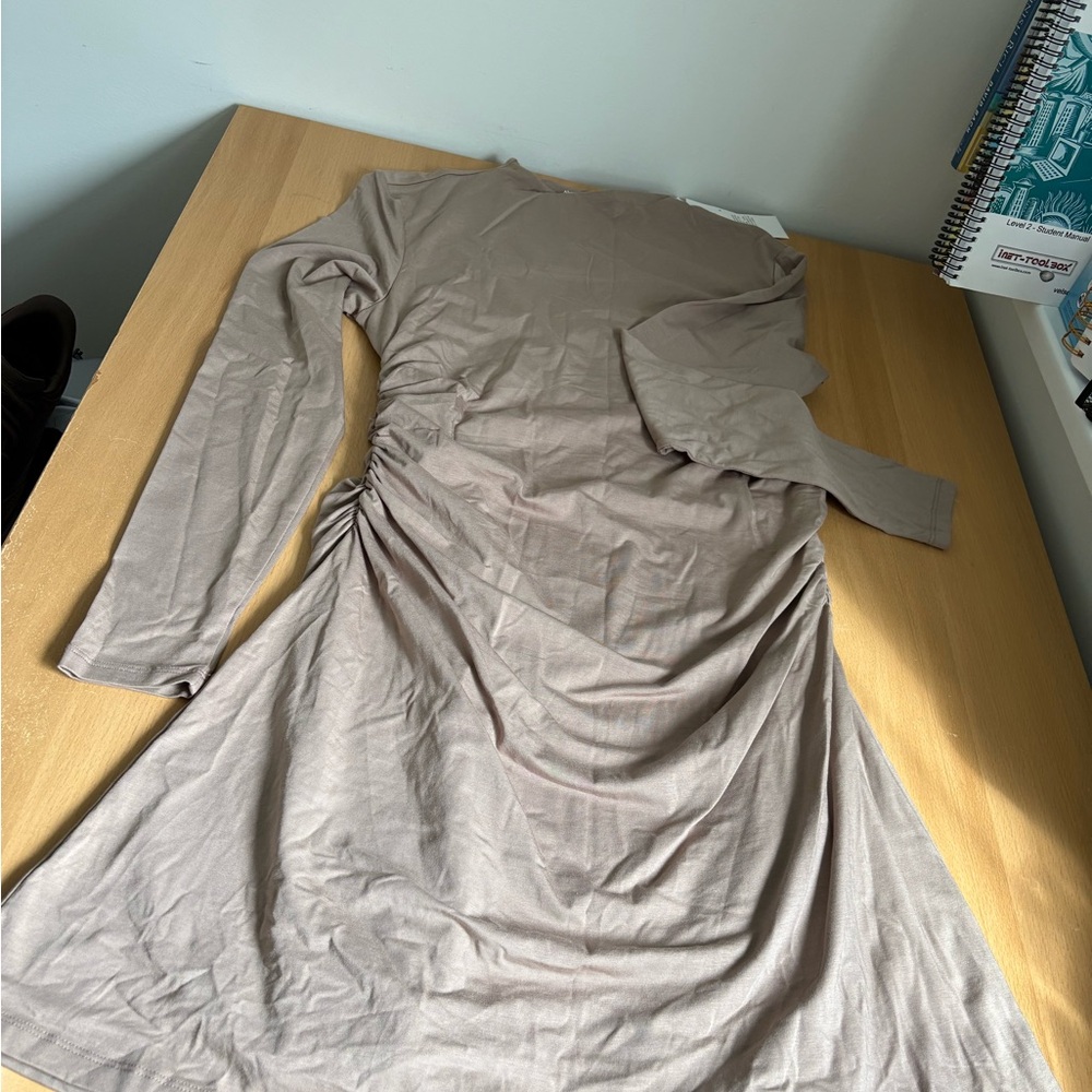 NWT Abercrombie & Fitch Long Sleeve Ruched Taupe Dress